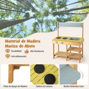 Fogão de barro de madeira, conjunto de cozinha exterior com 3 ganchos suspensos, 2 fogões, pia removível e prateleiras abertas cor natural
