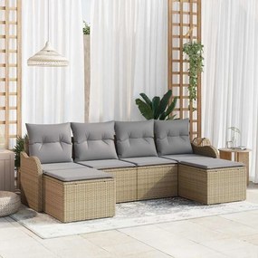 Conjunto de Sofás de Jardim de 6 Peças com Almofadas Bege Vime Poliéster