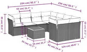 9 pcs conjunto sofás p/ jardim com almofadões vime PE cinzento