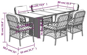 7 pcs conjunto de jantar p/ jardim com almofadões vime PE bege