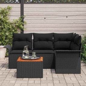 Conjunto de Sofá de Jardim com 5 Peças e Almofadas Pretas em Rattan de