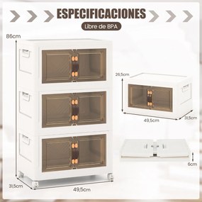 Conjunto de 3 caixas arrumação empilháveis com portas de rodas com fecho e tampas dobráveis em PP para o quarto 49,5 x 31,5 x 86 cm  Branco