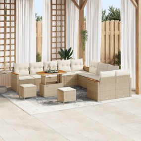 Conjunto de Sofá de Jardim vidaXL com 13 Peças com Almofadas Beje Rattan Poli Acácia