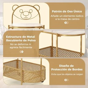 Mesa de centro de vidro móvel Mesa de apoio moderna de 2 níveis com padrão de urso Rodas de cesto de metal para sala de estar Dourada
