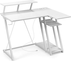 Secretaria computador em forma de L com tomadas eléctricas e Portas USB Gancho para auscultadores Estante para arrumação Branca