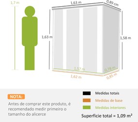 Abrigo de Jardim Exterior Metálico 1,37 m² 163x89x163 cm com Telhado Inclinado, Portas com Fecho e Luvas Cinzento