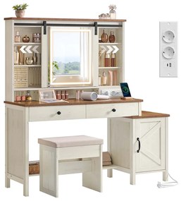 Toucador com iluminação e espelho com banco 40 x 125 x 147 cm, com estação de carregamento e várias gavetas branco vintage-castanho mel