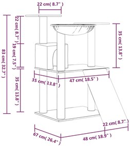 Árvore p/ gatos c/ postes arranhadores sisal 83 cm cinza-claro