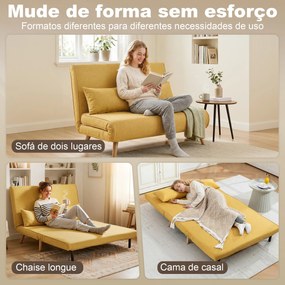 Sofá-Cama de 2 Lugares Dobrável Estofado em Linho com Encosto Ajustável em 5 Posições e 2 Almofadas Amarelo
