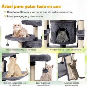 Arranhador para gatos multinível 170 cm com paus para arranhar Centro de actividades Cinzento