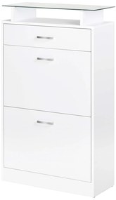 HOMCOM Móvel Sapateira de 2 Portas Sapateira Estreito para 12 Pares de Sapatos com Gaveta Prateleira Aberta e Bancada de Vidro para Corredor Entrada Carga Máx. 50kg 60x24x105,5cm Branco