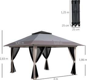 Tenda Dobrável Pop-up com Altura Ajustável Proteção UV50+ Telhado Duplo e Redes Mosquiteiras 4x4x2,8 m Cinzento Claro