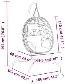 Cadeira forma ovo suspensa vime PE/aço c/ almofadão branco nata