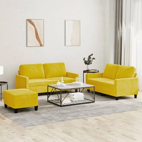 3 pcs conjunto de sofás com almofadões veludo amarelo