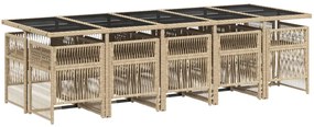 11 pcs conjunto de jantar p/ jardim com almofadões vime PE bege