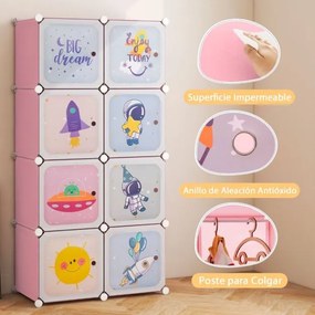 Guarda roupa infantil portátil 71 x 35,5 x 142 cm com 8 cubos com 2 secções para pendurar roupa 71 x 35,5 x 142 cm Rosa