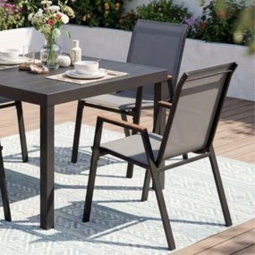 Conjunto de 2 cadeiras de jardim empilháveis, com encosto alto e braços, ergonómicas, em metal e tecido respirável, para terraço ou pátio, cinza