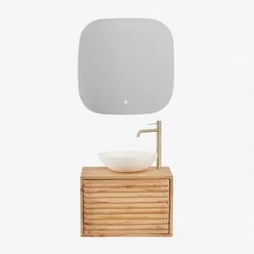 Conjunto De Móveis De Banheiro De Madeira Suspensos Deleyna Madeira Natural & Cimento Redondo Branco Ø40 Cm Zavion & Quadrado Led - Sklum