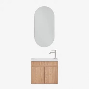 Conjunto De Móvel De Casa De Banho Suspenso Em Madeira Com Lavatório Integrado Narek Ovalado Com Armazenamento 45x90 Cm Abner & Castanho Fresno & Cinz
