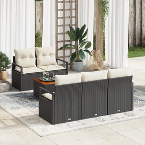 Conjunto de Sofá de Jardim com 6 Peças e Almofadas Preto Vime PE Acáci