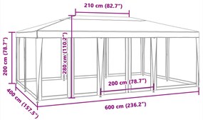 Tenda p/ festas c/ 10 paredes laterais malha 6x4 m PEAD branco