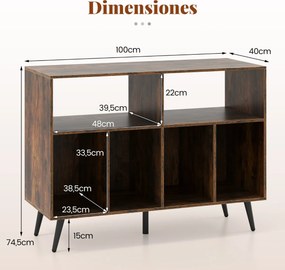 Suporte para gira-discos e discos vinil com 2 prateleiras abertas e 4 compartimentos para sala de estar ou quarto 100 x 40 x 74,5 cm Castanho e preto