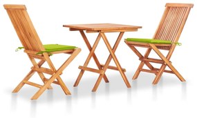 vidaXL Conjunto bistrô c/ almofadões verde brilhante 3 pcs teca maciça