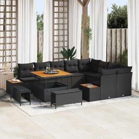 Conjunto de Sofás de Jardim de 12 Peças com Almofadas em Rattan Polipropileno Preto Acácia