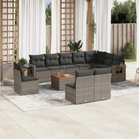 11 pcs conjunto sofás de jardim c/ almofadões vime PE cinzento