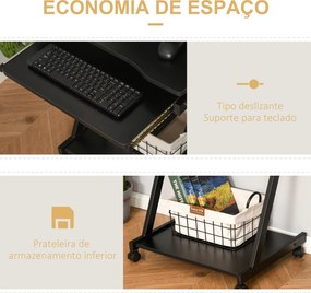 Secretária para Computador com Rodas 60x48 cm com Prateleira Deslizante para Teclado e Prateleira Inferior Estrutura Metálica Preto