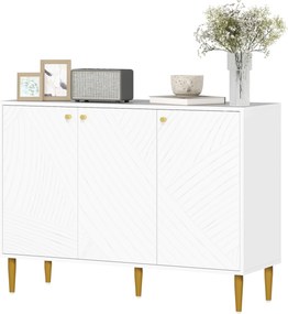 Aparador com 2 armários de 3 portas, prateleiras ajustáveis e pés dourados em aço, 107 x 35 x 77 cm, branco