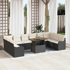 Conjunto de Sofá de Jardim de 11 Peças com Almofadas Preto Vime Poliéster