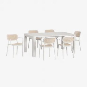 Conjunto De Mesa Retangular 180x100 Cm Arnadine E 6 Cadeiras De Jantar Empilháveis Com Apoios De Braços Em Polipropileno Omara Branco Glacial - Sklum