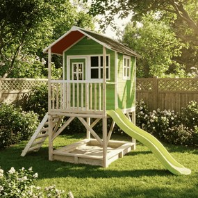 Casa de brincar infantil exterior para crianças Loft 500 em madeira com escorrega e caixa areia - Verde