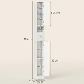 Armário de coluna para casa de banho 20 x 20 x 185 cm, móvel de arrumação, 2 portas, gaveta, compartimento aberto, prateleira ajustável, branco