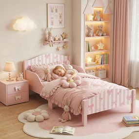 Cama de Criança com Laços, 146 x 76,5 x 54,5 cm (COLCHÃO NÃO INCLUIDO), Barreira de Segurança Elevada, Rosa