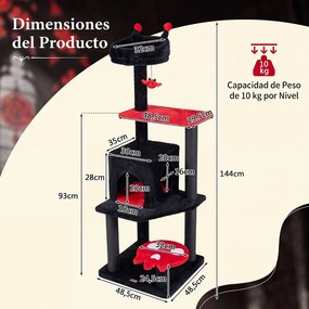 Árvore para Gatos Gótica, 48,5 x 48,5 x 144 cm, Multinível, Vermelho+Preto