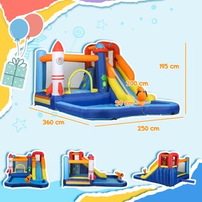 Castelo Insuflável com Insuflador 5 em 1 com Escorrega Piscina  Parede de Escalada e Canhão de Água 360x250x195 cm Multicor