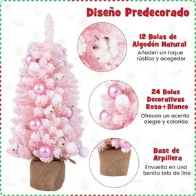 Mini Árvore de Natal artificial de mesa de 90 cm pré-decorada com 12 bolas de algodão 24 bolas decorativas Ramos de neve Rosa