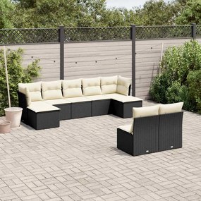 9 pcs conjunto de sofás p/ jardim c/ almofadões vime PE preto