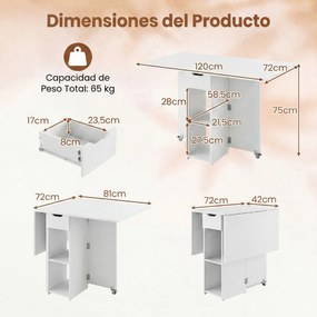 Mesa de jantar extensível 120 x 72 x 75 cm com 2 rodas; mesa de cozinha dobrável com prateleira, gaveta de 2 compartimentos e abas rebatíveis branca