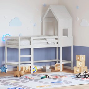 vidaXL Cama alta c/ escada e telhado 90x200 cm pinho maciço branco