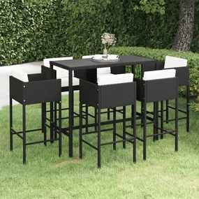 7 pcs conjunto de bar p/ jardim c/ almofadões vime PE preto