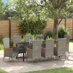 vidaXL Conjunto de Jantar Jardim de 9 peças com Almofadas Cinza Rattan Poliéster