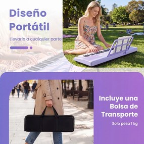 Teclado de piano portátil de 61 teclas com suporte para partituras, microfone, autocolantes de notas e bolsa - 58 x 18 x 5 cm - Roxo