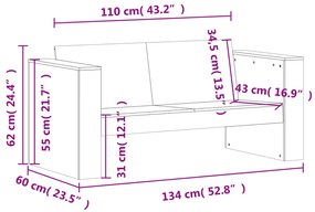 Sofá de 2 lugares para jardim 134x60x62 cm pinho maciço branco