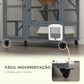 Gaiola Interior para Gatos em Madeira com Rodas Portas Plataformas de Salto Rede e Topo Basculante 110x100x60 cm Cinza