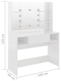 Mesa de maquilhagem c/ LEDs 100x40x135 cm MDF branco brilhante