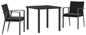 Conjunto de jantar de jardim de 3 peças com almofadas, preto, em ratta