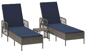 Espreguiçadeira Conjunto de 3 Cinza e azul-marinho Vime PE, metal